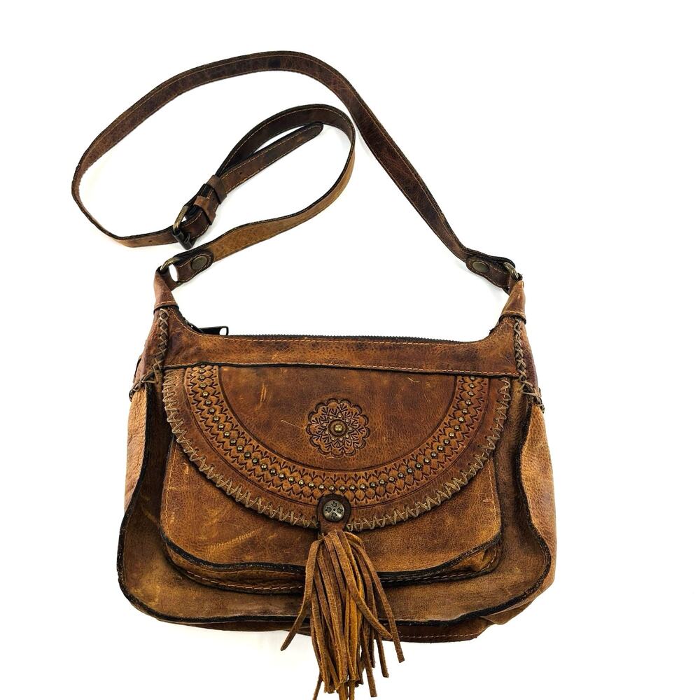 PATRICIA NASH Camila Vintage Distressed leather tassel crossbody bag - COGNAC